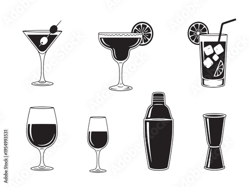 Collection of various cocktail glasses and a shaker