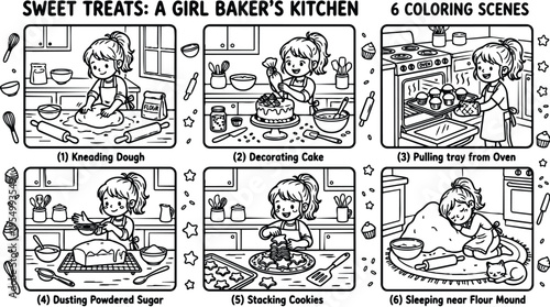 Black and white line art girl baker kneading dough decorating cake pulling tray from oven dusting powdered sugar stacking cookies and sleeping near flour mound in kitchen scenes