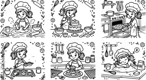 Black and white cartoon girl happily preparing baking dough decorating cake baking cookies and resting on kitchen counter in playful cooking activity with kitchen utensils and ingredients