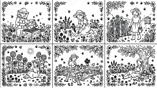 Black and white line art garden scene set with children wearing hats gardening collecting honey drawing and resting under tree surrounded by flowers bees and sunshine