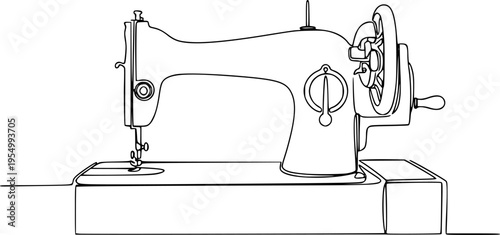 Sewing machine in continuous line art drawing style. Abstract old style sewing-machine for atelier or tailor sign design. Minimalist black linear sketch on white background. Vector illustration