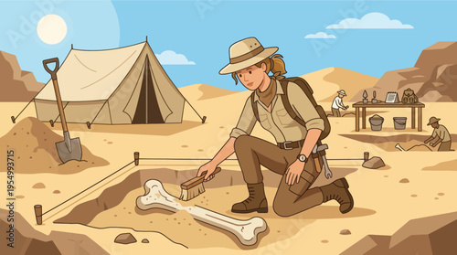 Desert archaeologist brushing off ancient bone fragment in