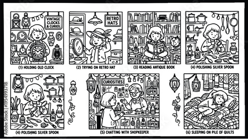 Black and white line art vector showing girl holding old clock trying on retro hat reading antique book polishing silver spoon chatting with shopkeeper sleeping on pile of quilts