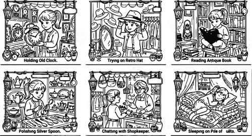 Black and white line art girl holding old clock trying on retro hat reading antique book polishing silver spoon chatting with shopkeeper sleeping on pile of quilts detailed vintage style illustrations