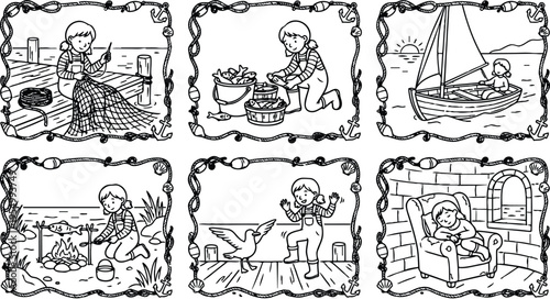 Black and white line art showing young girl fishing mending net sailing boat cooking outdoor playing with seagull resting in armchair cozy indoor scenes