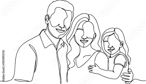 Happy family in continuous line art drawing style. United family portrait of parents and their little girl kid black linear sketch isolated on white background. Vector illustration
