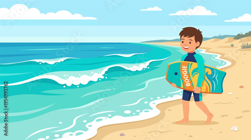 Young boy in superhero swimsuit holding boogie board at sunny beach with waves