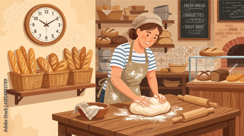 Female baker kneading fresh dough in rustic bakery with vintage clock and bread loaves