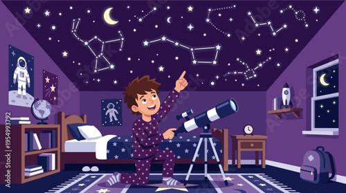 Curious child stargazing with telescope in cosmic-themed bedroom at night