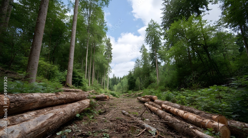 Fototapeta premium A forest clearing showing a path through felled logs and trees under a cloudy sky