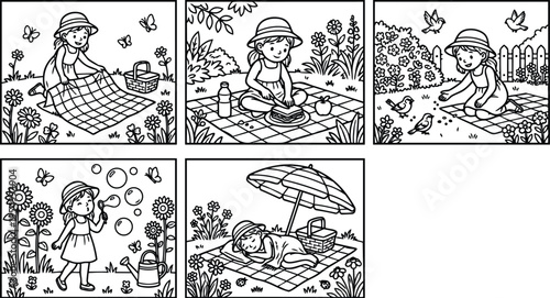 Cute girl in sun hat laying picnic blanket eating sandwich feeding birds blowing bubbles resting under umbrella waving goodbye by garden gate sun setting illustration