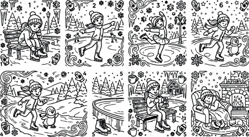 Black and white vector illustrations of happy children ice skating with winter clothes penguin and hot drink scenes cozy indoor moments by fireplace in cold season