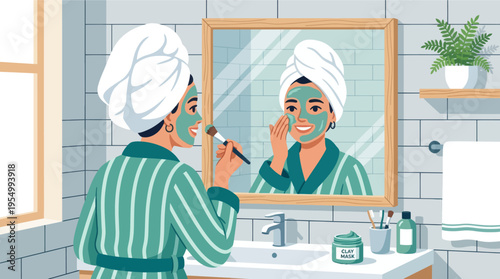 A woman applies a green face mask in a modern bathroom