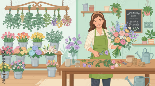 Smiling florist arranging colorful bouquet in cozy flower shop with hanging plants