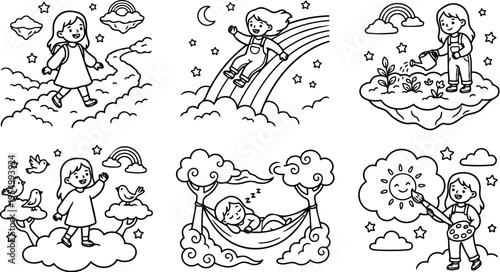 Black and white line art vector set of playful young girls walking on clouds sitting on rainbow watering plants and painting smiling sun with stars and moon