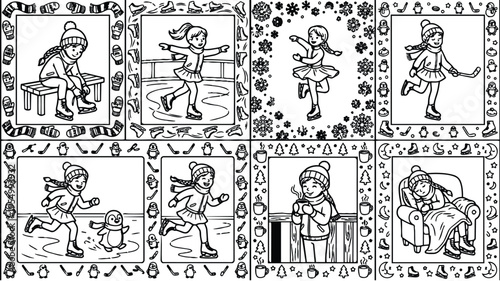 Black and white vector art of young girl ice skating playing hockey drinking hot beverage and resting in cozy chair winter scene with snowflakes penguins and winter accessories border