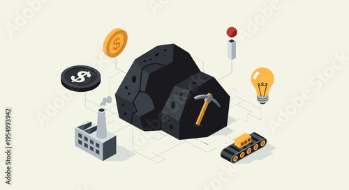 Isometric Coal Energy Concept with Mining, Industry and Economic Elements Vector Illustration