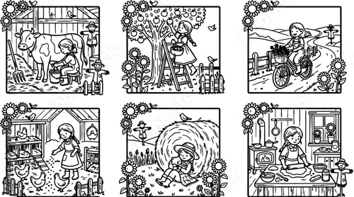 Black and white farm girl milking cow picking apples riding bicycle feeding chickens resting on hay baking bread six rural scenes in line art style