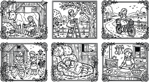 Detailed vintage line art showing young girl milking cow feeding chickens picking apples riding bicycle sleeping on hay making pie in countryside farm life scenes