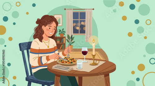 A woman enjoys a meal at a cozy table with a candle and wine