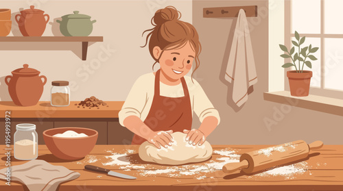 A woman in a kitchen preparing dough for baking with various ingredients