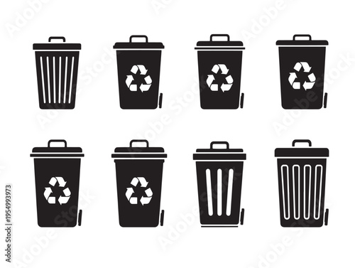 A group of recycling bins and trash cans