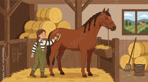 A young boy is brushing a brown horse in a wooden barn