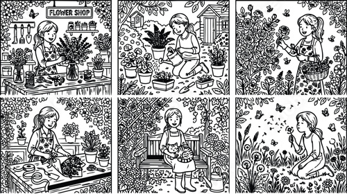Line art garden scenes girl arranging flowers watering plants picking roses sitting with cat blowing dandelions in floral spring setting detailed vector illustration