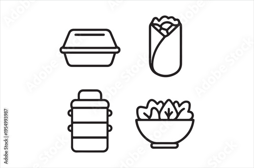 A minimalist line drawing depicts various takeout containers and fresh food items high quality