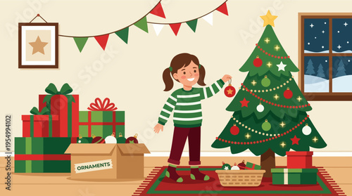 A young girl decorating a Christmas tree with presents and ornaments nearby