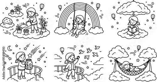 Black and white line art vector of a little girl watering plants reading book swinging on rainbow clouds catching stars hummingbirds flying and relaxing in a hammock illustration