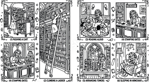 Detailed hand drawn library scenes showing woman pushing cart climbing ladder reading aloud stamping dates arranging book towers and sleeping in armchair