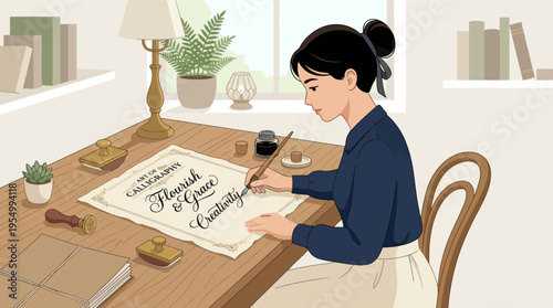 A woman sitting at a desk writing with a calligraphy pen carefully