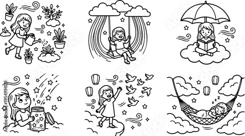 Whimsical black line art children watering plants swinging on clouds reading with umbrella releasing birds sleeping in hammock surrounded by stars and clouds vector illustration