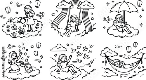 Black line art vector collection of peaceful girls on clouds watering plants reading books swinging and resting with birds and umbrella in calm dreamy scenes