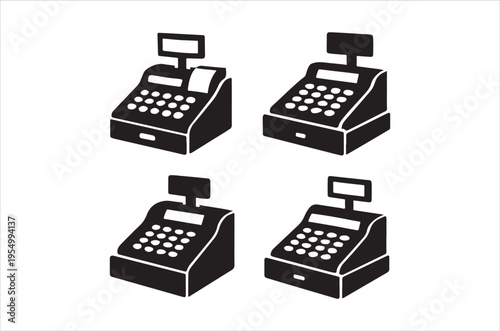 Four black silhouettes of vintage cash registers displayed in a simple geometric arrangement