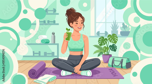 A fit woman enjoys a refreshing green smoothie in a modern gym