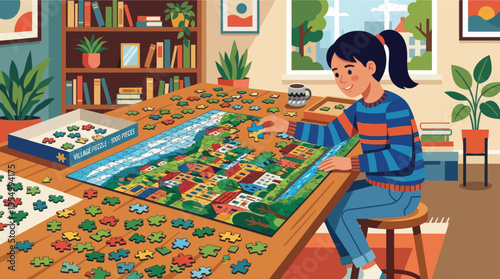 A young girl enjoys solving a colorful jigsaw puzzle in her cozy home