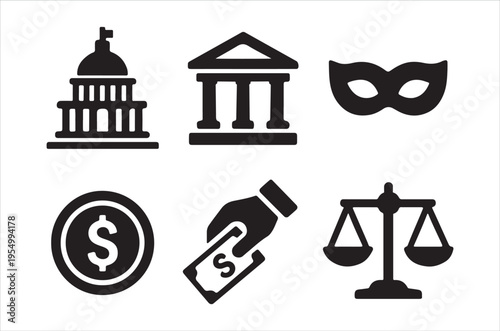 A collection of black silhouette icons representing government justice finance and theater high quality