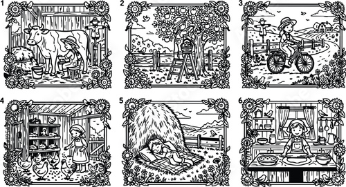Black and white country life scenes child milking cow picking apples riding bicycle feeding chickens resting on hay rolling dough in rustic kitchen set