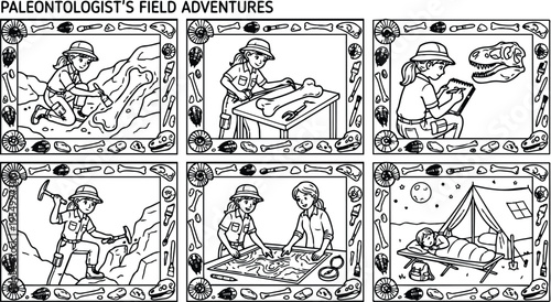 Black and white vector art showing paleontologist girl discovering fossils examining bone with hammer studying dinosaur skull drawing map camping under starry night sky