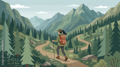 A woman hikes on a winding trail through a scenic mountain landscape