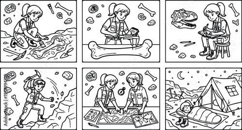 Black and white line art young female paleontologist digging measuring writing reading planning and camping in mountain landscape at night