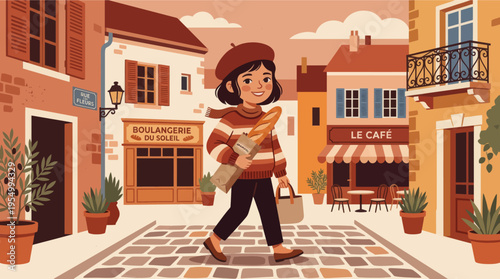 A cartoon woman walks down a charming French street with buildings and plants