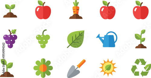 Gardening and organic farming icons set featuring red apples grapes carrots sprout plants watering can shovel sun and recycling symbols for eco nature vector illustration.