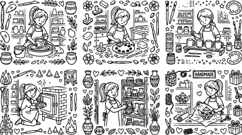 Hand drawn line art pottery illustration set with girl making ceramics shaping clay painting glazing firing decorating shelves and wrapping handmade projects in cozy studio environment