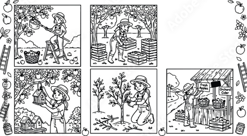Black and white line art vector showing young girl picking apples climbing ladder setting birdhouse collecting fruits pressing cider and selling fresh apples at orchard stand