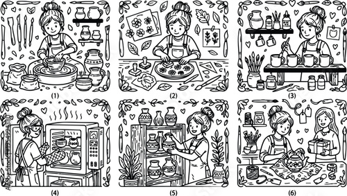 Hand drawn line art vector illustration of woman shaping clay on pottery wheel decorating ceramics painting pottery with brush artistic creative process crafting gifts black and white outline