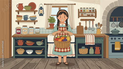 A young girl holding a basket of fresh fruits in a cozy kitchen