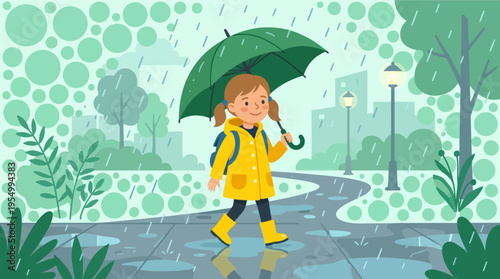 A young girl walks in the rain with a green umbrella and yellow raincoat